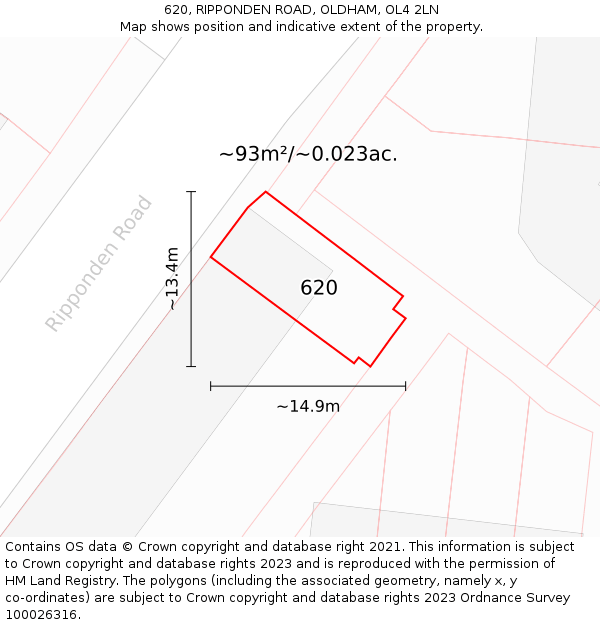 620, RIPPONDEN ROAD, OLDHAM, OL4 2LN: Plot and title map