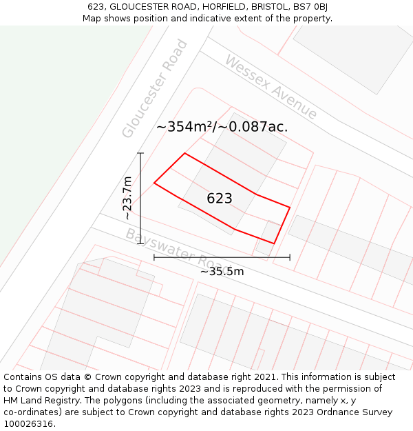 623, GLOUCESTER ROAD, HORFIELD, BRISTOL, BS7 0BJ: Plot and title map