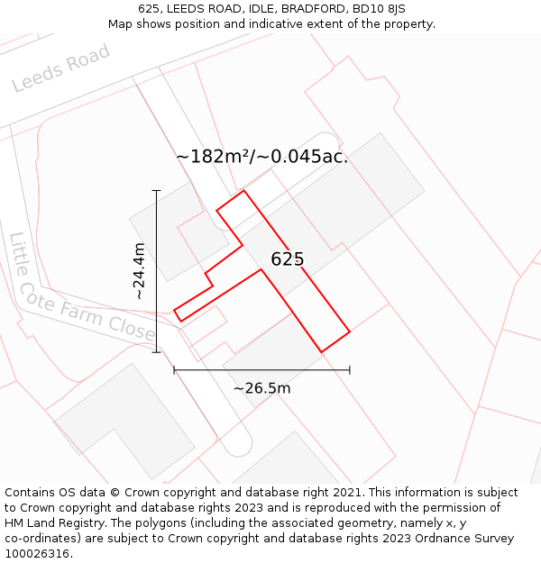 625, LEEDS ROAD, IDLE, BRADFORD, BD10 8JS: Plot and title map