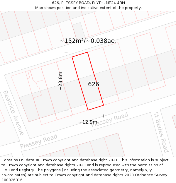 626, PLESSEY ROAD, BLYTH, NE24 4BN: Plot and title map