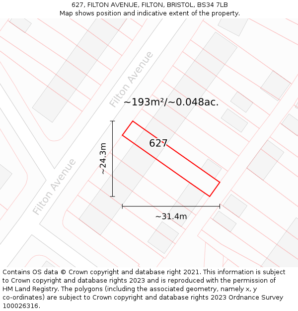 627, FILTON AVENUE, FILTON, BRISTOL, BS34 7LB: Plot and title map