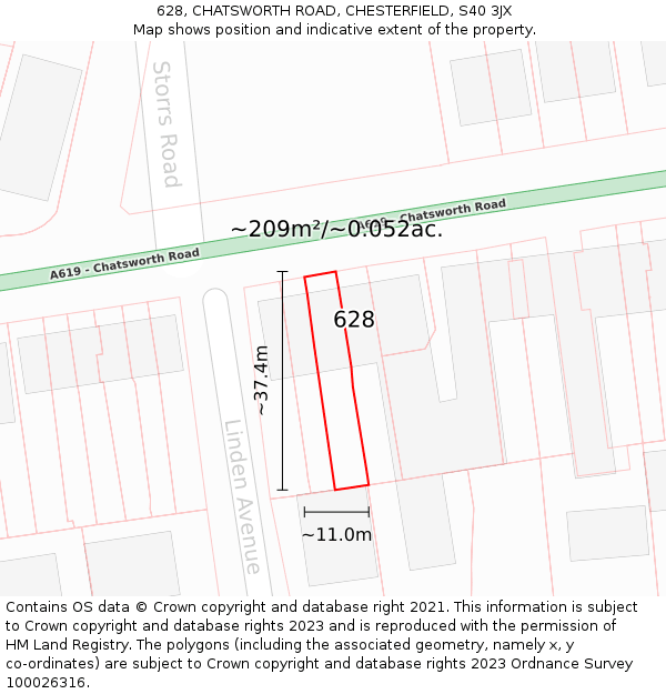 628, CHATSWORTH ROAD, CHESTERFIELD, S40 3JX: Plot and title map