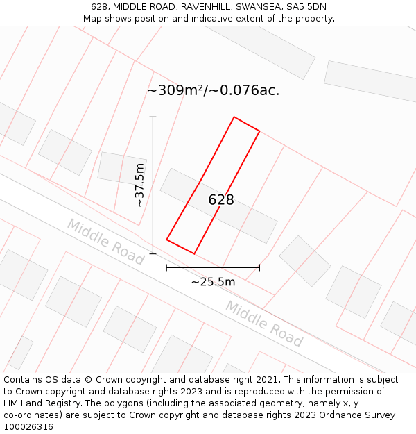 628, MIDDLE ROAD, RAVENHILL, SWANSEA, SA5 5DN: Plot and title map