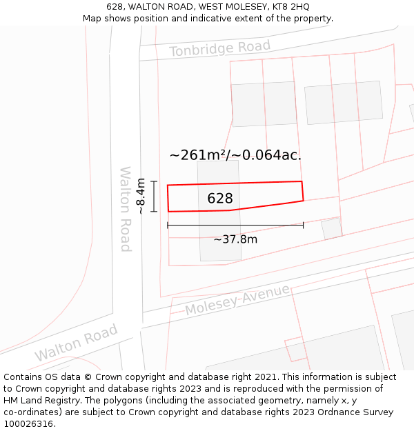 628, WALTON ROAD, WEST MOLESEY, KT8 2HQ: Plot and title map