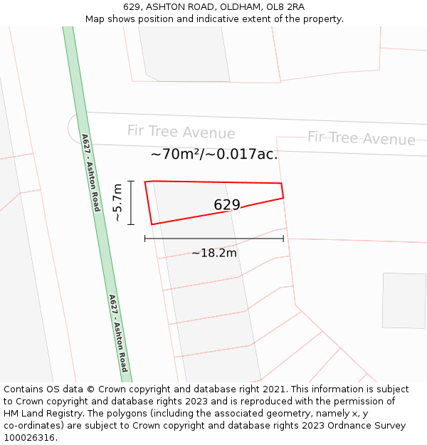 629, ASHTON ROAD, OLDHAM, OL8 2RA: Plot and title map