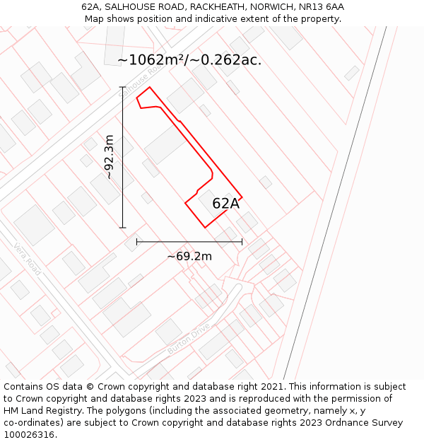 62A, SALHOUSE ROAD, RACKHEATH, NORWICH, NR13 6AA: Plot and title map