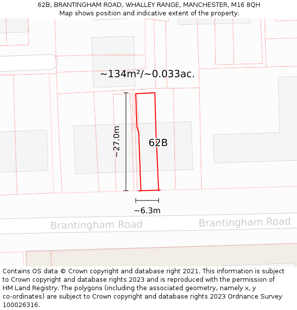 62B, BRANTINGHAM ROAD, WHALLEY RANGE, MANCHESTER, M16 8QH: Plot and title map