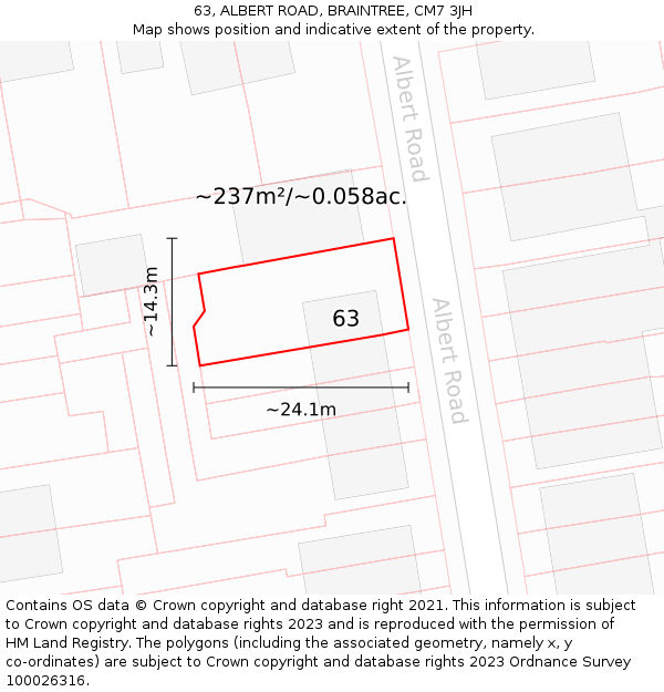 63, ALBERT ROAD, BRAINTREE, CM7 3JH: Plot and title map