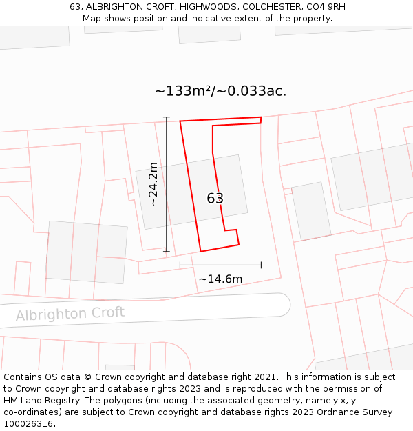 63, ALBRIGHTON CROFT, HIGHWOODS, COLCHESTER, CO4 9RH: Plot and title map