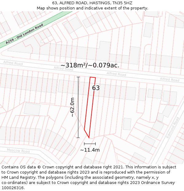 63, ALFRED ROAD, HASTINGS, TN35 5HZ: Plot and title map