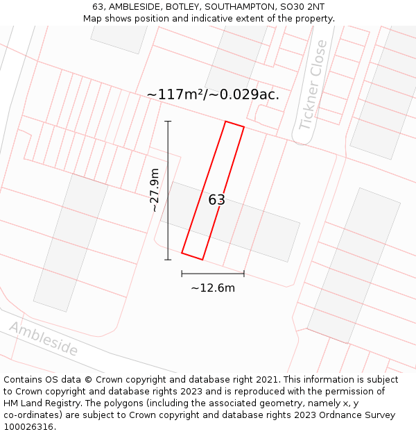 63, AMBLESIDE, BOTLEY, SOUTHAMPTON, SO30 2NT: Plot and title map