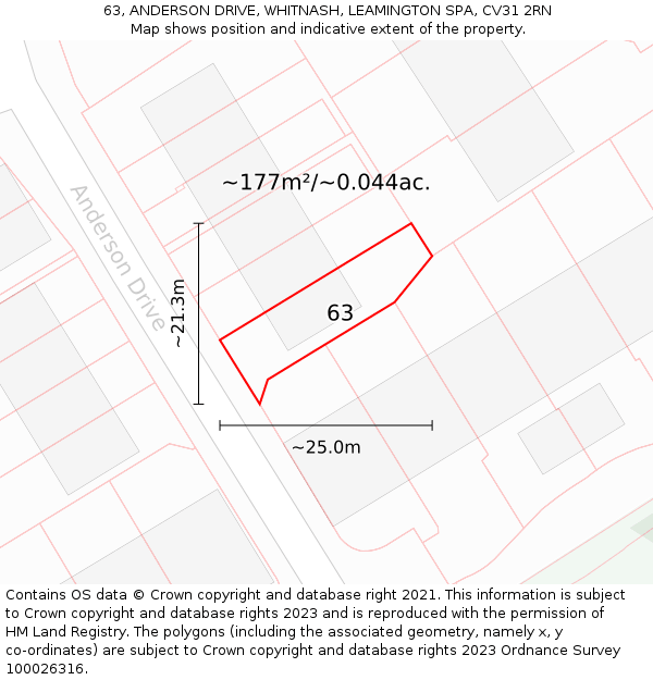 63, ANDERSON DRIVE, WHITNASH, LEAMINGTON SPA, CV31 2RN: Plot and title map