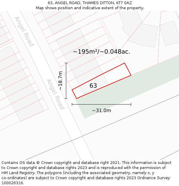 63, ANGEL ROAD, THAMES DITTON, KT7 0AZ: Plot and title map