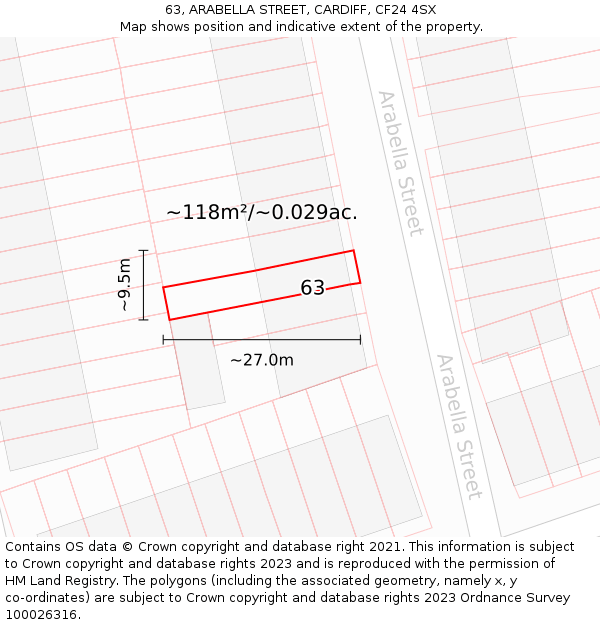 63, ARABELLA STREET, CARDIFF, CF24 4SX: Plot and title map