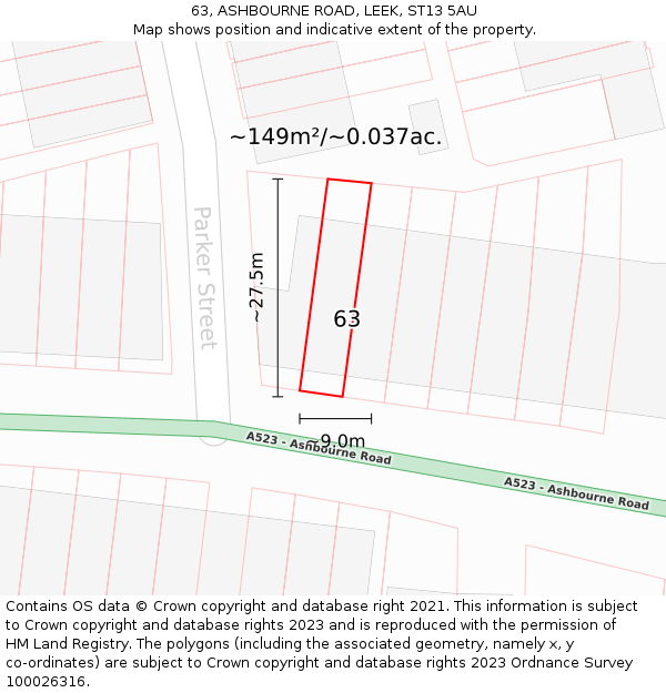 63, ASHBOURNE ROAD, LEEK, ST13 5AU: Plot and title map