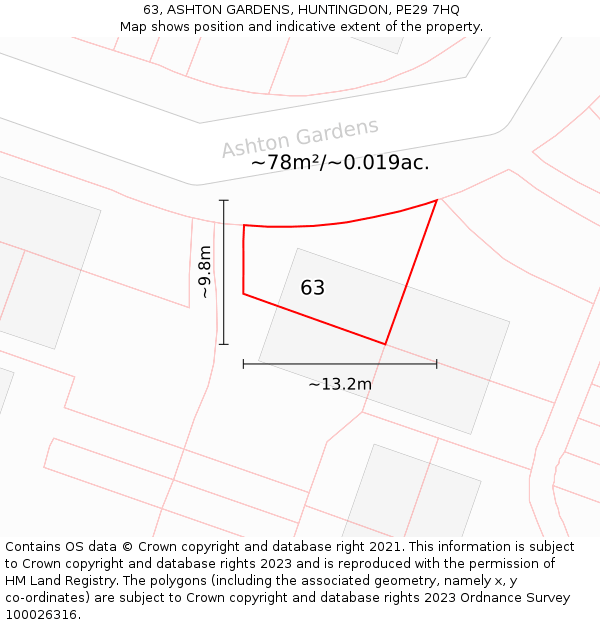 63, ASHTON GARDENS, HUNTINGDON, PE29 7HQ: Plot and title map