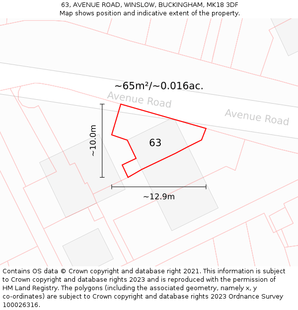 63, AVENUE ROAD, WINSLOW, BUCKINGHAM, MK18 3DF: Plot and title map