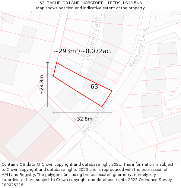 63, BACHELOR LANE, HORSFORTH, LEEDS, LS18 5NA: Plot and title map