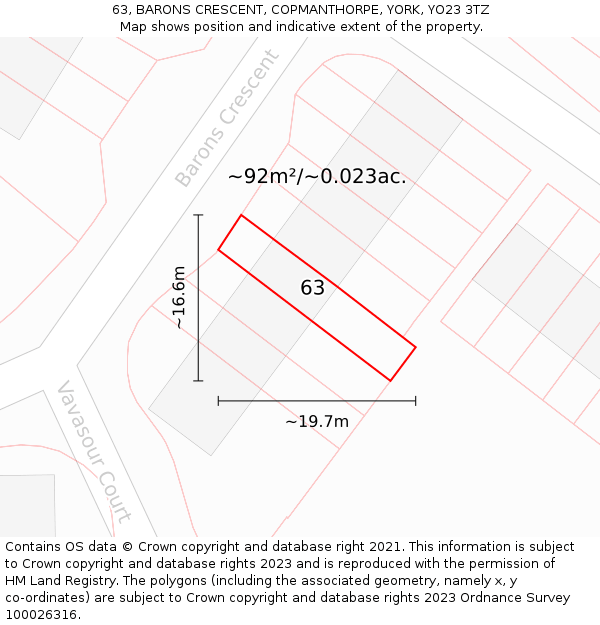 63, BARONS CRESCENT, COPMANTHORPE, YORK, YO23 3TZ: Plot and title map