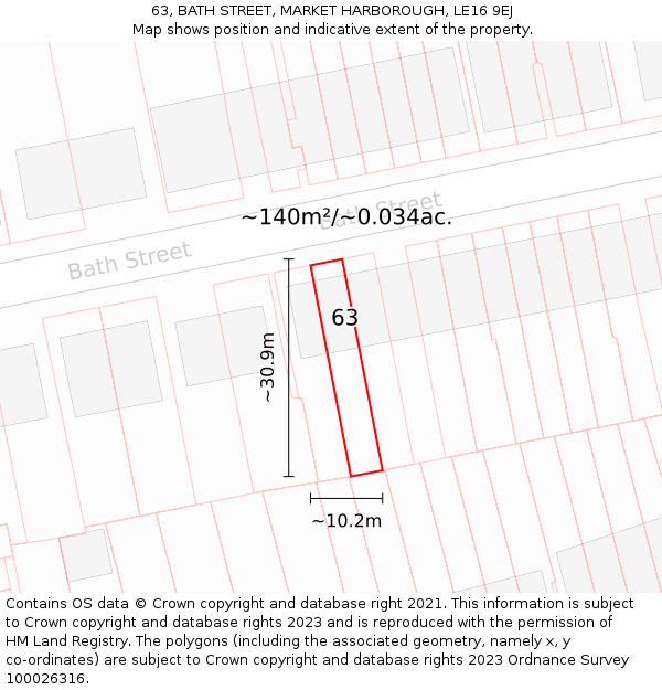 63, BATH STREET, MARKET HARBOROUGH, LE16 9EJ: Plot and title map