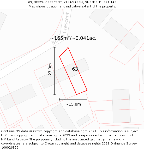 63, BEECH CRESCENT, KILLAMARSH, SHEFFIELD, S21 1AE: Plot and title map