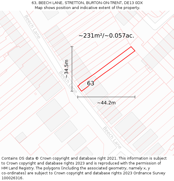63, BEECH LANE, STRETTON, BURTON-ON-TRENT, DE13 0DX: Plot and title map