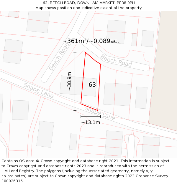 63, BEECH ROAD, DOWNHAM MARKET, PE38 9PH: Plot and title map