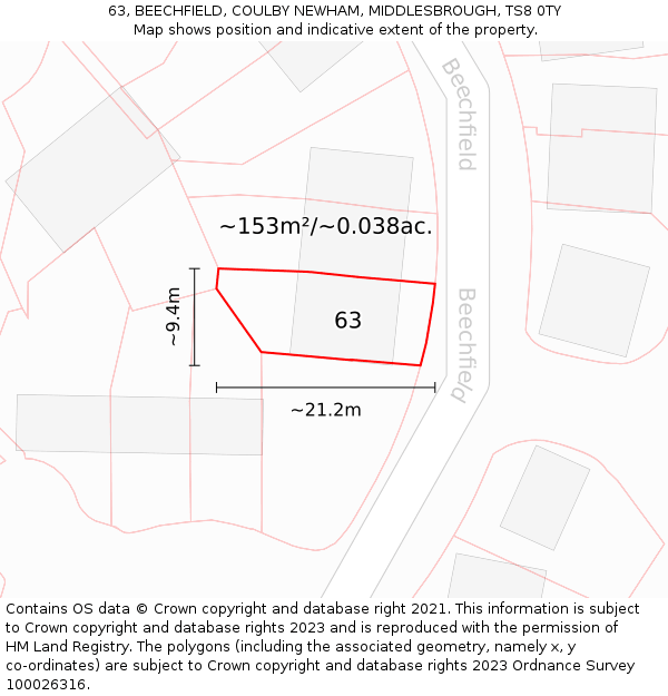 63, BEECHFIELD, COULBY NEWHAM, MIDDLESBROUGH, TS8 0TY: Plot and title map