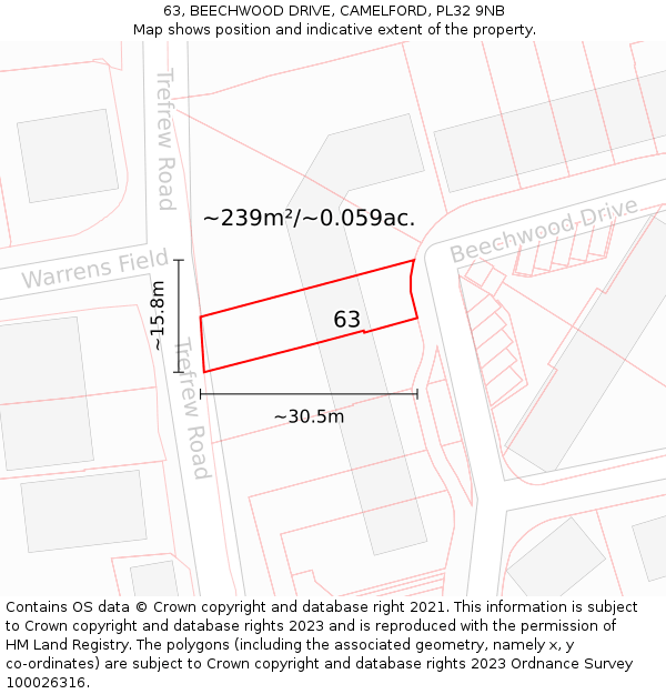 63, BEECHWOOD DRIVE, CAMELFORD, PL32 9NB: Plot and title map