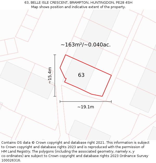 63, BELLE ISLE CRESCENT, BRAMPTON, HUNTINGDON, PE28 4SH: Plot and title map