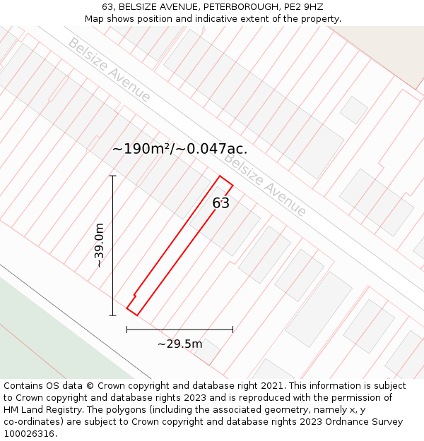 63, BELSIZE AVENUE, PETERBOROUGH, PE2 9HZ: Plot and title map