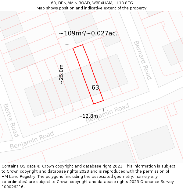 63, BENJAMIN ROAD, WREXHAM, LL13 8EG: Plot and title map
