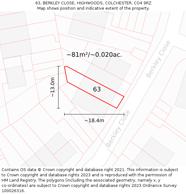63, BERKLEY CLOSE, HIGHWOODS, COLCHESTER, CO4 9RZ: Plot and title map