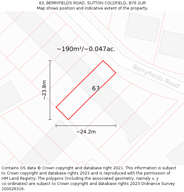 63, BERRYFIELDS ROAD, SUTTON COLDFIELD, B76 2UR: Plot and title map