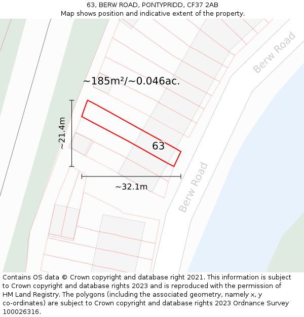 63, BERW ROAD, PONTYPRIDD, CF37 2AB: Plot and title map