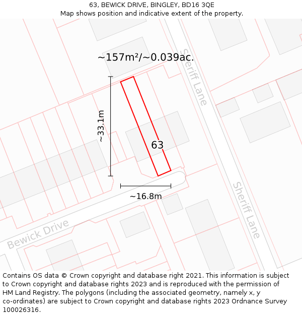 63, BEWICK DRIVE, BINGLEY, BD16 3QE: Plot and title map
