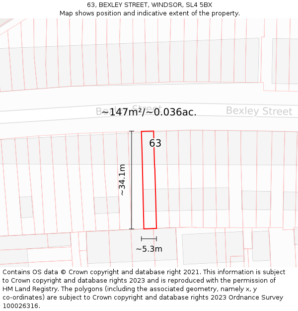 63, BEXLEY STREET, WINDSOR, SL4 5BX: Plot and title map