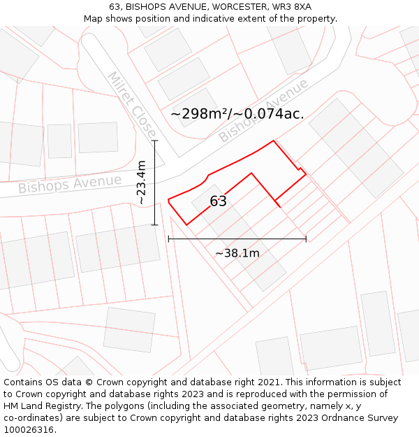 63, BISHOPS AVENUE, WORCESTER, WR3 8XA: Plot and title map