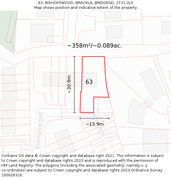 63, BISHOPSWOOD, BRACKLA, BRIDGEND, CF31 2LX: Plot and title map