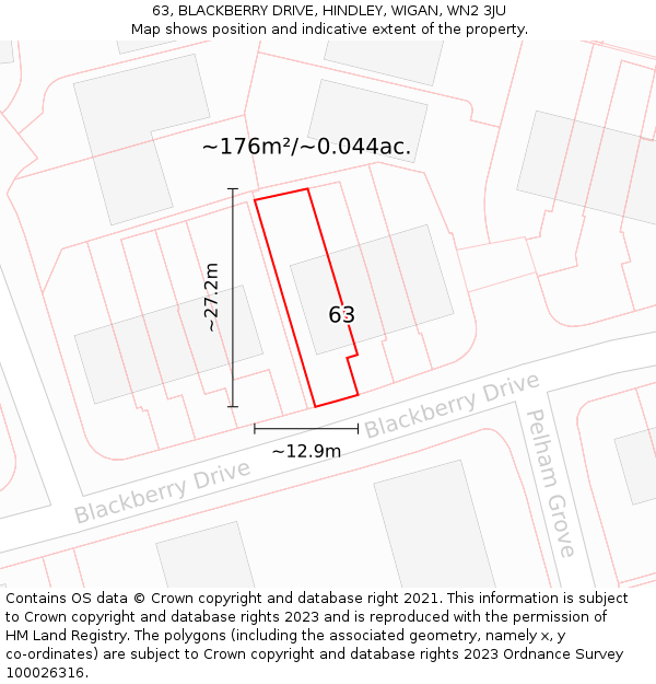 63, BLACKBERRY DRIVE, HINDLEY, WIGAN, WN2 3JU: Plot and title map