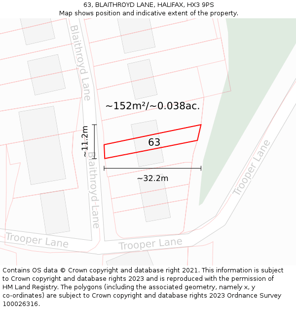 63, BLAITHROYD LANE, HALIFAX, HX3 9PS: Plot and title map