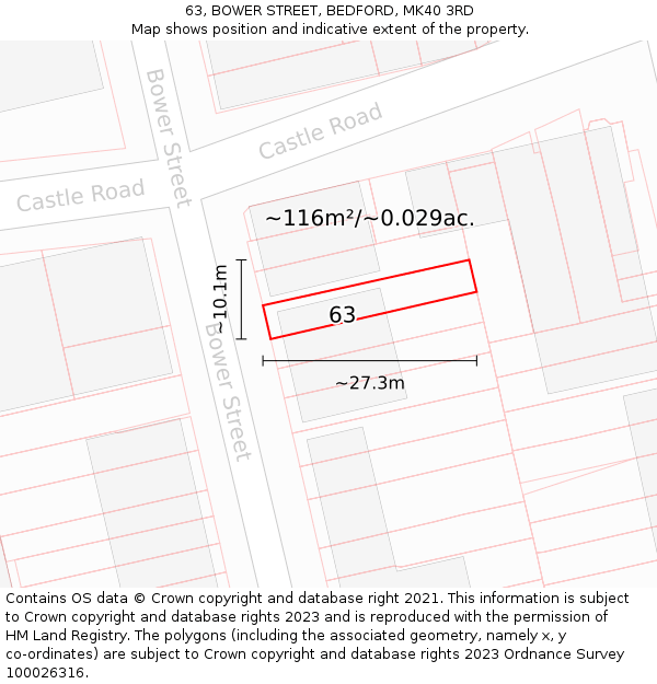 63, BOWER STREET, BEDFORD, MK40 3RD: Plot and title map