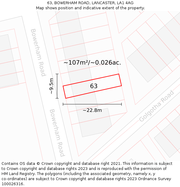 63, BOWERHAM ROAD, LANCASTER, LA1 4AG: Plot and title map