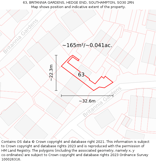 63, BRITANNIA GARDENS, HEDGE END, SOUTHAMPTON, SO30 2RN: Plot and title map