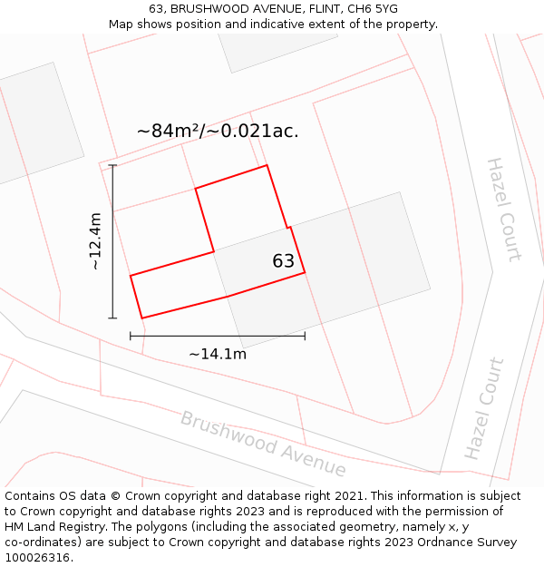 63, BRUSHWOOD AVENUE, FLINT, CH6 5YG: Plot and title map