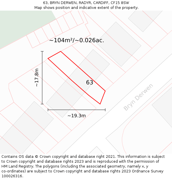 63, BRYN DERWEN, RADYR, CARDIFF, CF15 8SW: Plot and title map
