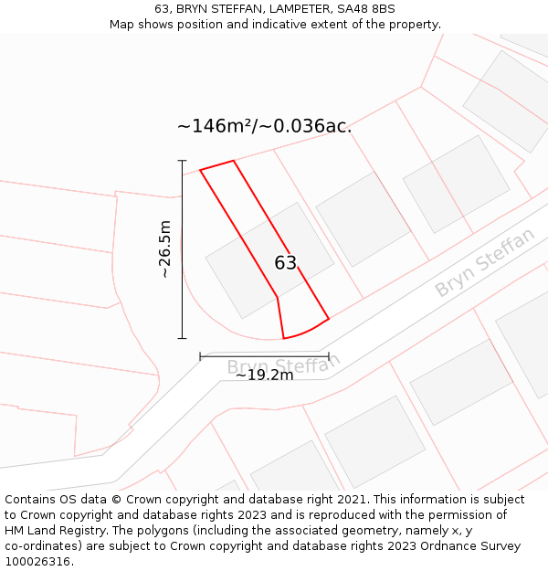 63, BRYN STEFFAN, LAMPETER, SA48 8BS: Plot and title map