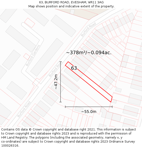 63, BURFORD ROAD, EVESHAM, WR11 3AG: Plot and title map