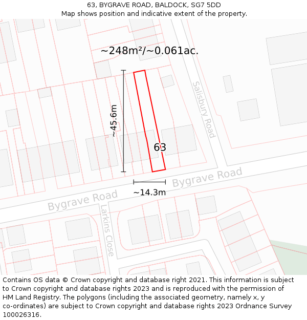 63, BYGRAVE ROAD, BALDOCK, SG7 5DD: Plot and title map