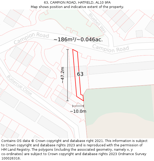 63, CAMPION ROAD, HATFIELD, AL10 9FA: Plot and title map